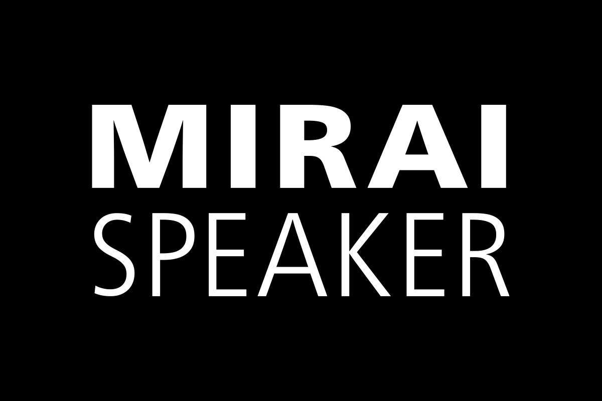 Mirai Speaker on a black background with logo to right